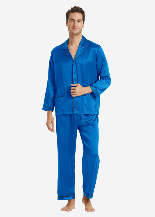 22 Momme Long Silk Pajamas Set for Men Diamond Blue LILYSILK Factory