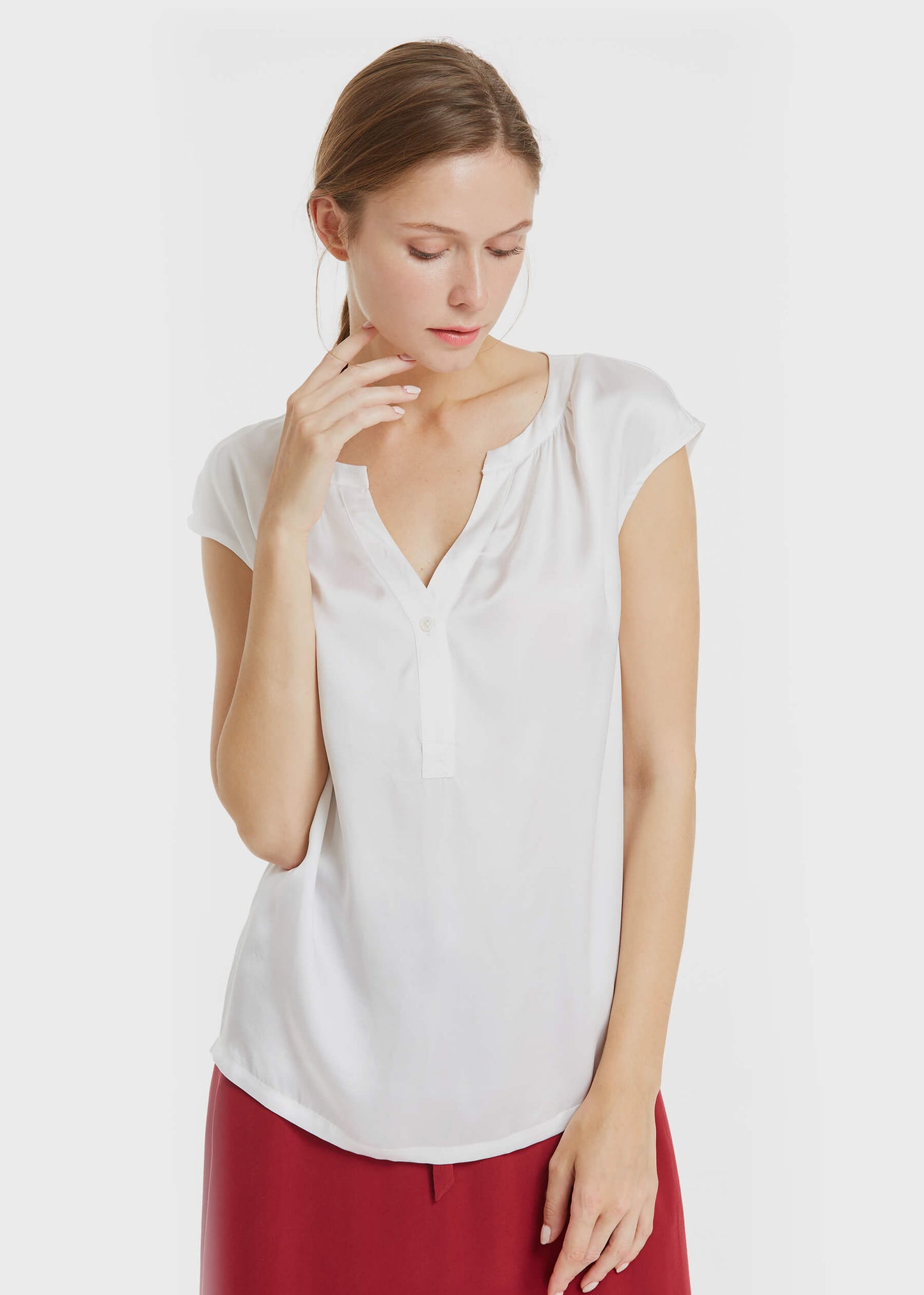 Casual V Neck Silk T Shirt White LILYSILK Factory