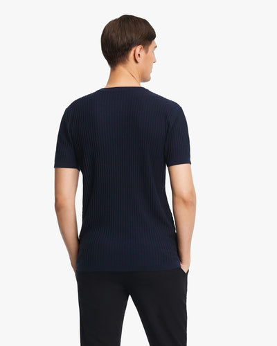 Jacquard Silk Knit Men T shirt Navy Blue LILYSILK Factory