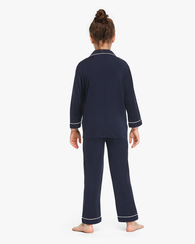 Long Sleeve Kids Silk Knitted Pajamas Navy Blue LILYSILK Factory