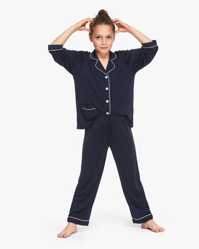 Long Sleeve Kids Silk Knitted Pajamas Navy Blue LILYSILK Factory