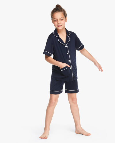 Chic Trimmed Kids Silk Knitted Pajamas Set Navy Blue LILYSILK Factory