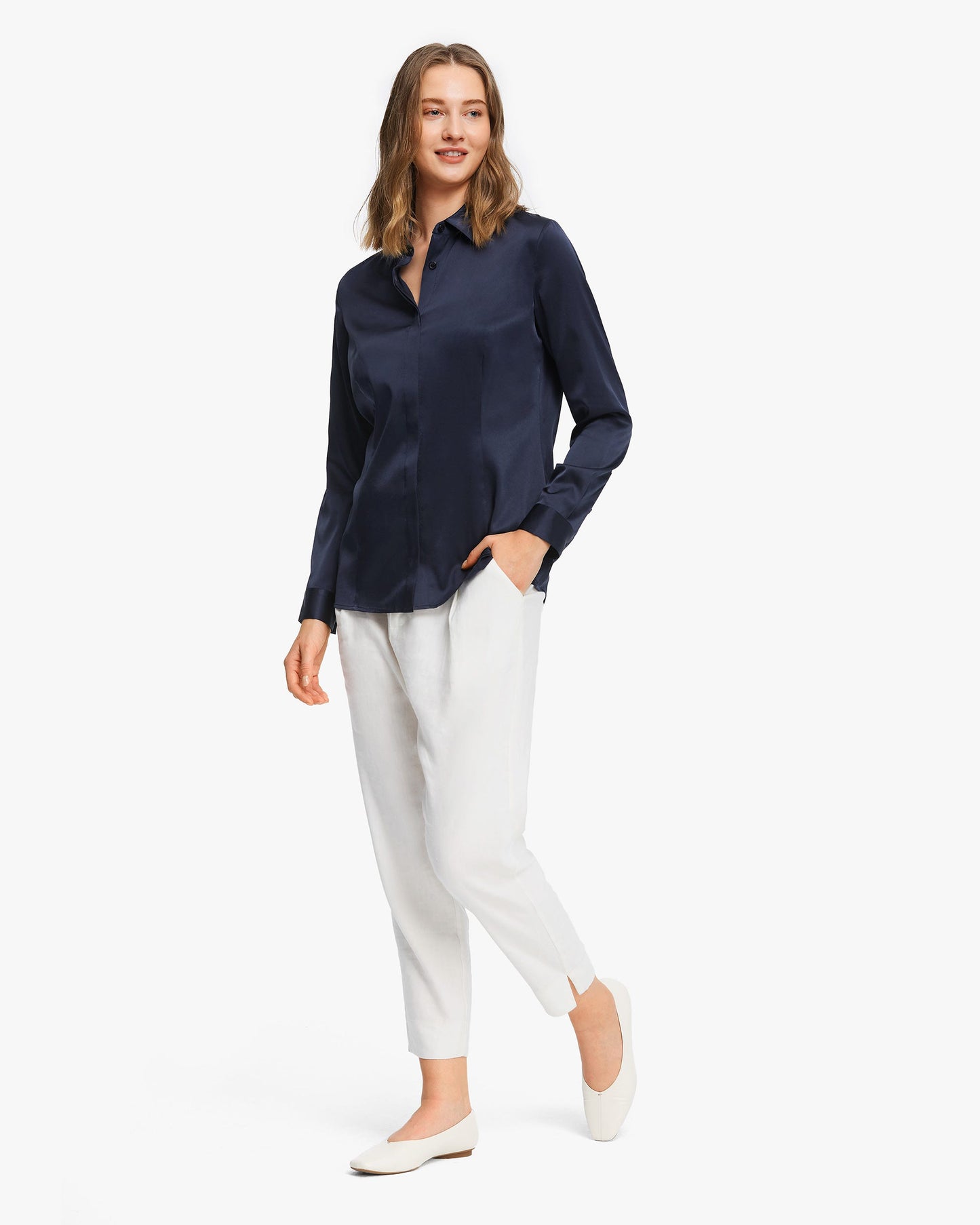 Classic Silk Business Shirt For Women Navy Blue