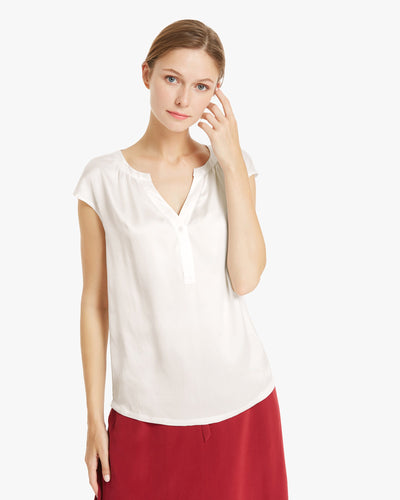 Casual V Neck Silk T Shirt Natural White LILYSILK Factory