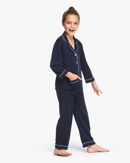 Long Sleeve Kids Silk Knitted Pajamas Navy Blue LILYSILK Factory