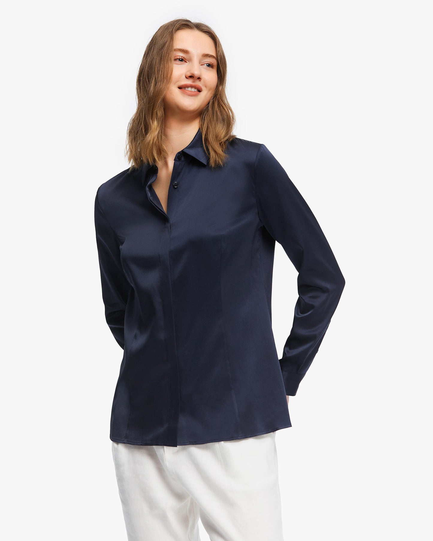 Classic Silk Business Shirt For Women Navy Blue