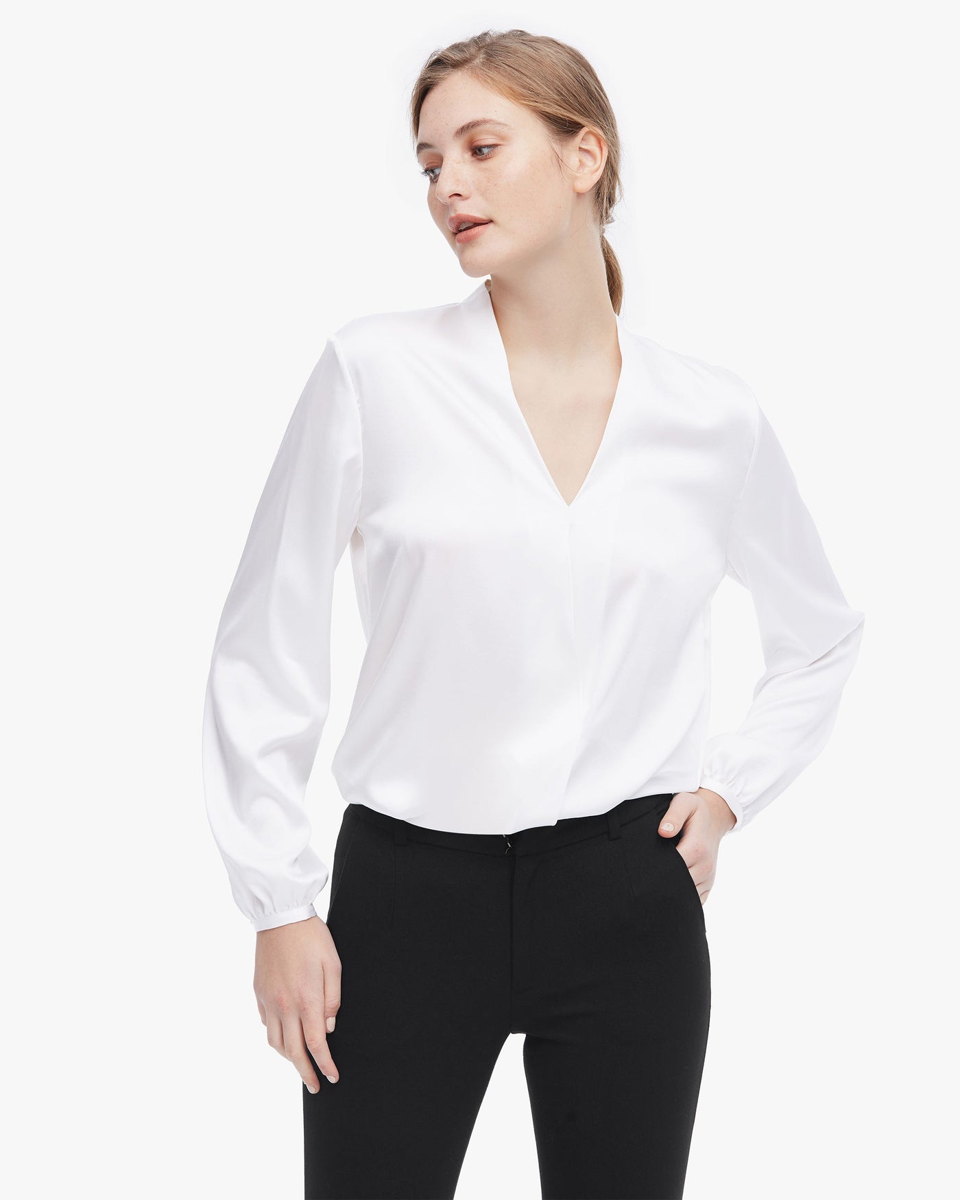 Relaxed Long Sleeve Surplice Silk Top White LILYSILK Factory