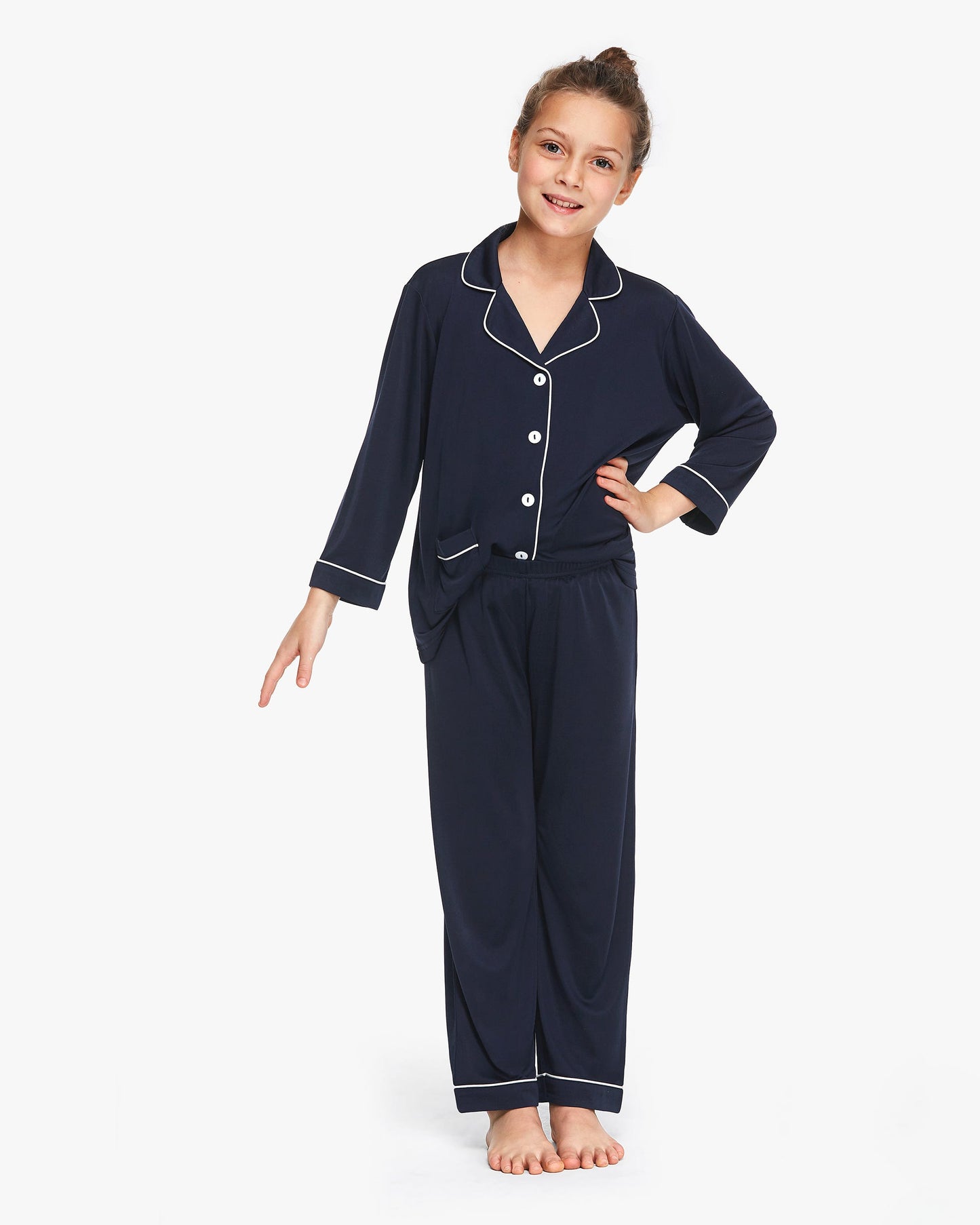 Long Sleeve Kids Silk Knitted Pajamas Navy Blue LILYSILK Factory