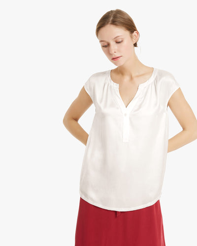 Casual V Neck Silk T Shirt Natural White LILYSILK Factory
