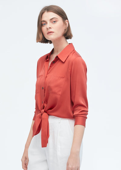 Chic Designer Style Silk Tie hem Shirt Brownish Red M LILYSILK Factory