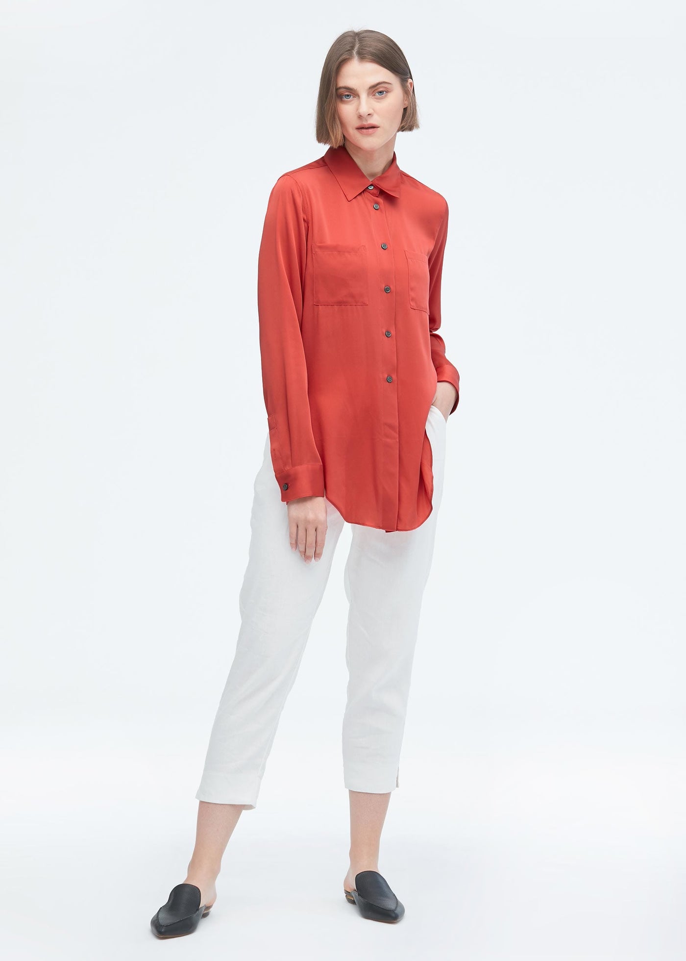 Chic Designer Style Silk Tie hem Shirt Brownish Red M LILYSILK Factory