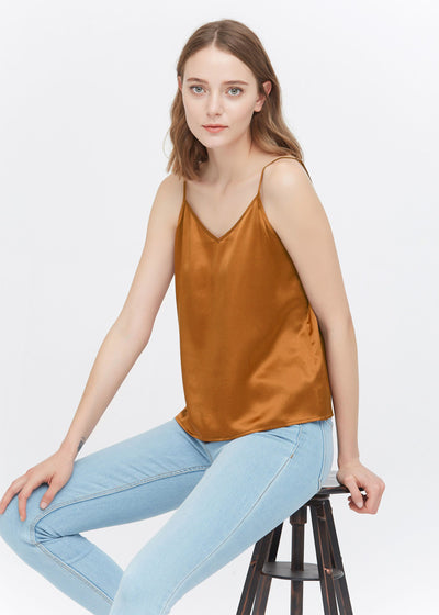 Classic V Neck Front and Back Silk Camisole Caramel LILYSILK Factory