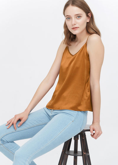 Classic V Neck Front and Back Silk Camisole Caramel LILYSILK Factory
