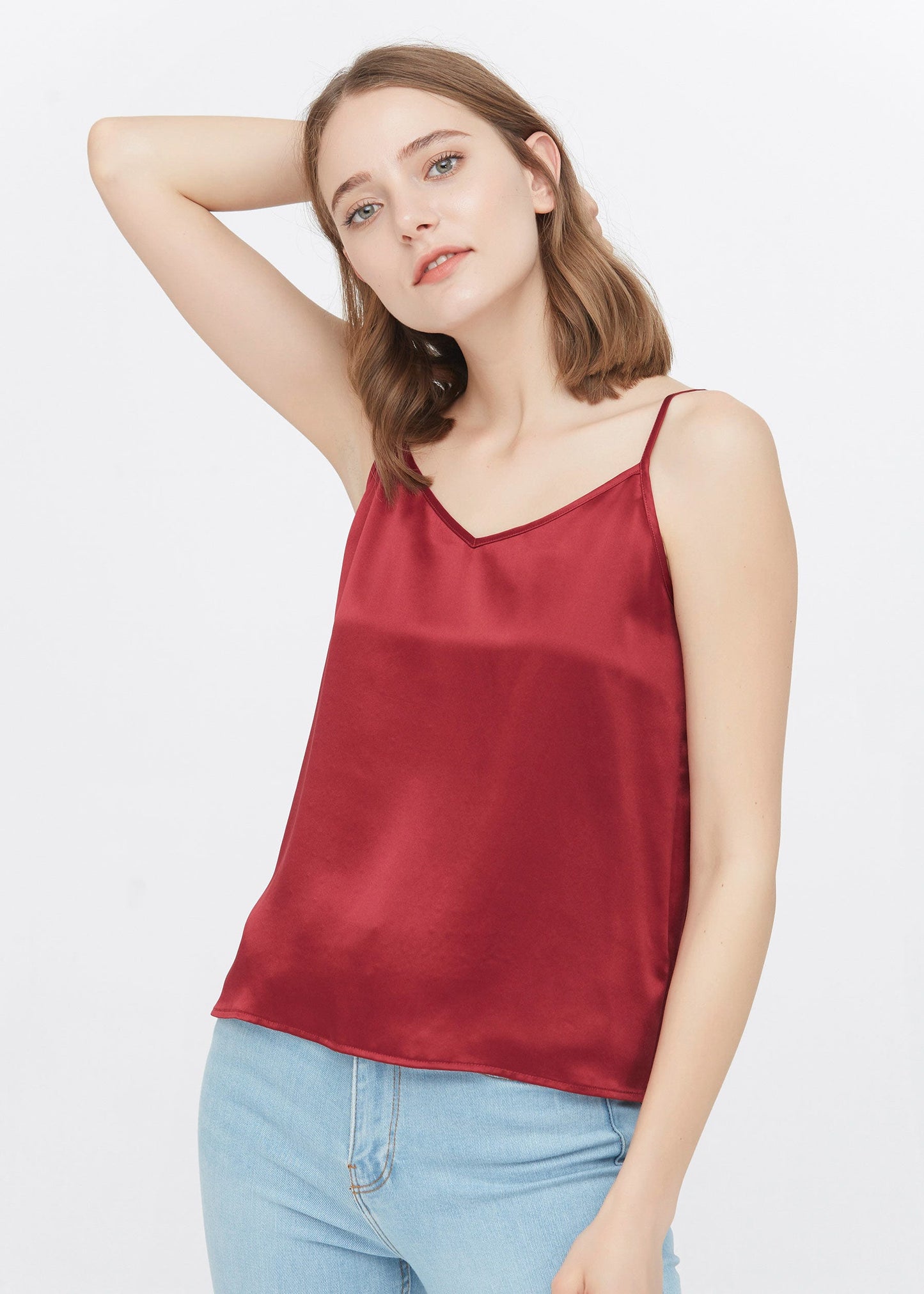 Classic V Neck Front and Back Silk Camisole Claret LILYSILK Factory