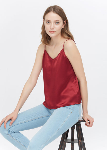 Classic V Neck Front and Back Silk Camisole Claret LILYSILK Factory