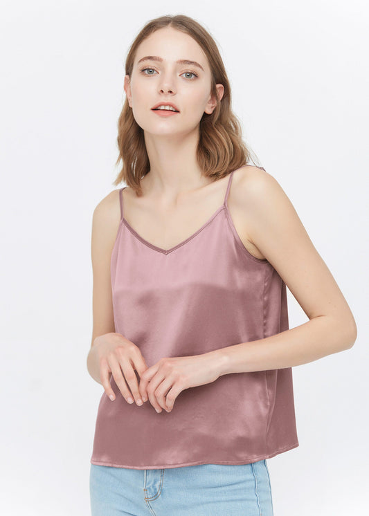 Classic V Neck Front and Back Silk Camisole Quicksand Pink LILYSILK Factory