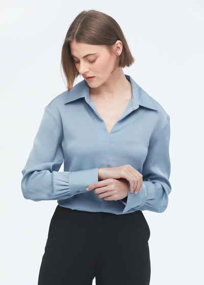 Concise Silk Blouse With Smocked Cuffs Blue Haze