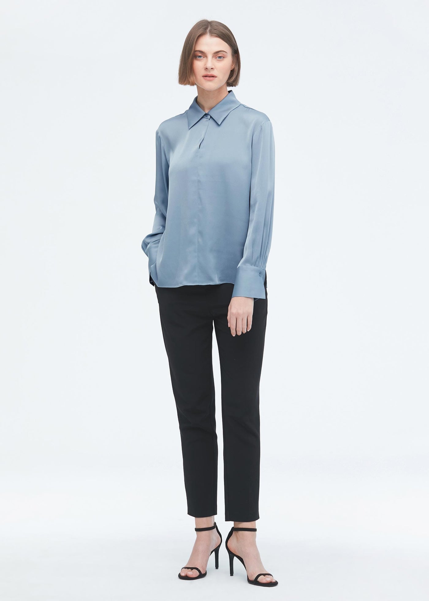Concise Silk Blouse With Smocked Cuffs Blue Haze