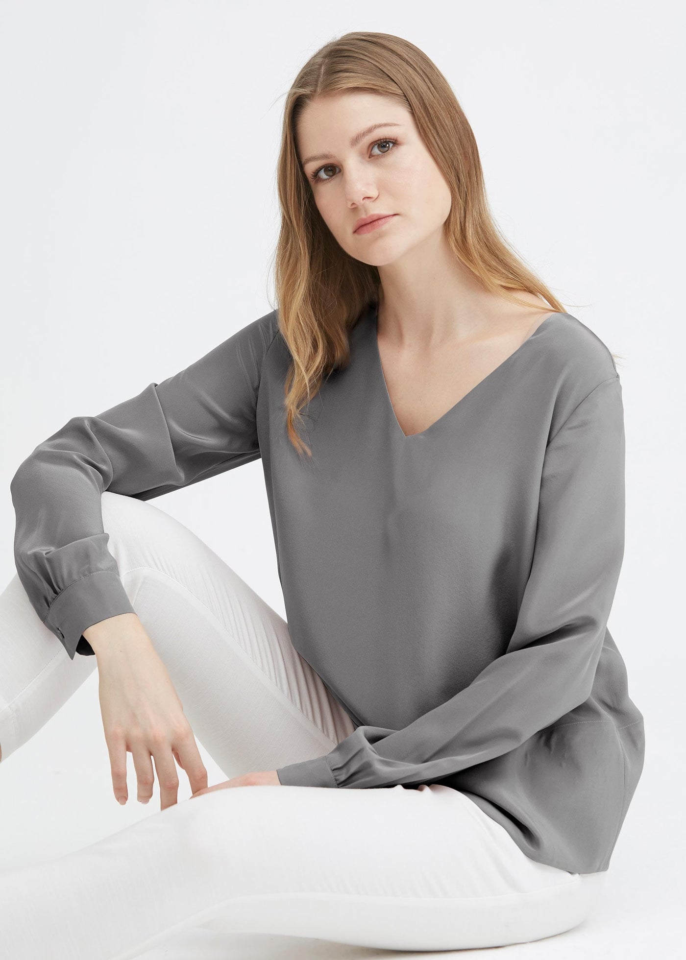 Elegant V Neck Silk Blouse Classy Grey LILYSILK Factory
