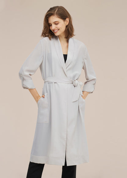 Women Mid-length Solid Color Silk Trench Coat