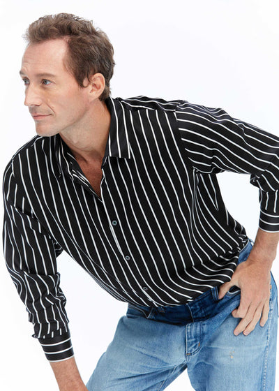 Long Sleeve Men's Silk Shirt With Stripe Black White Stripes LILYSILK Factory