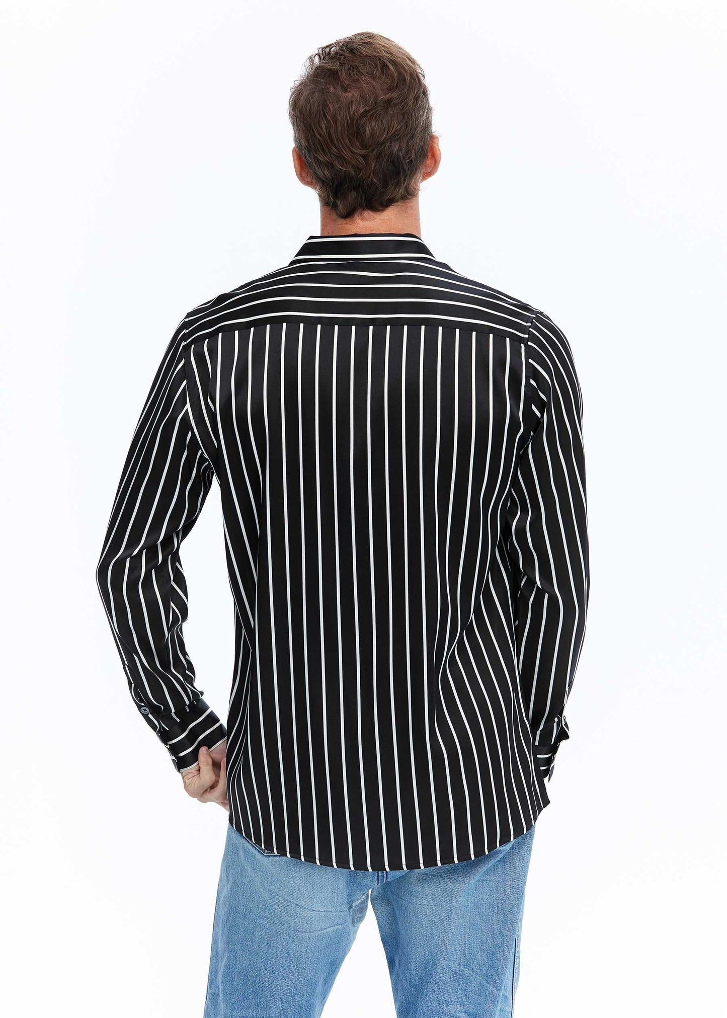 Long Sleeve Men's Silk Shirt With Stripe Black White Stripes LILYSILK Factory