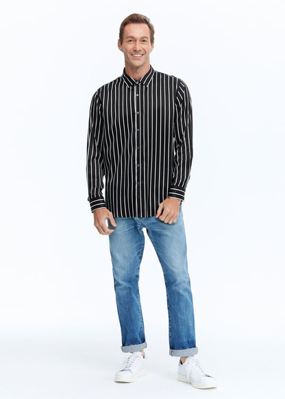 Long Sleeve Men's Silk Shirt With Stripe Black White Stripes LILYSILK Factory