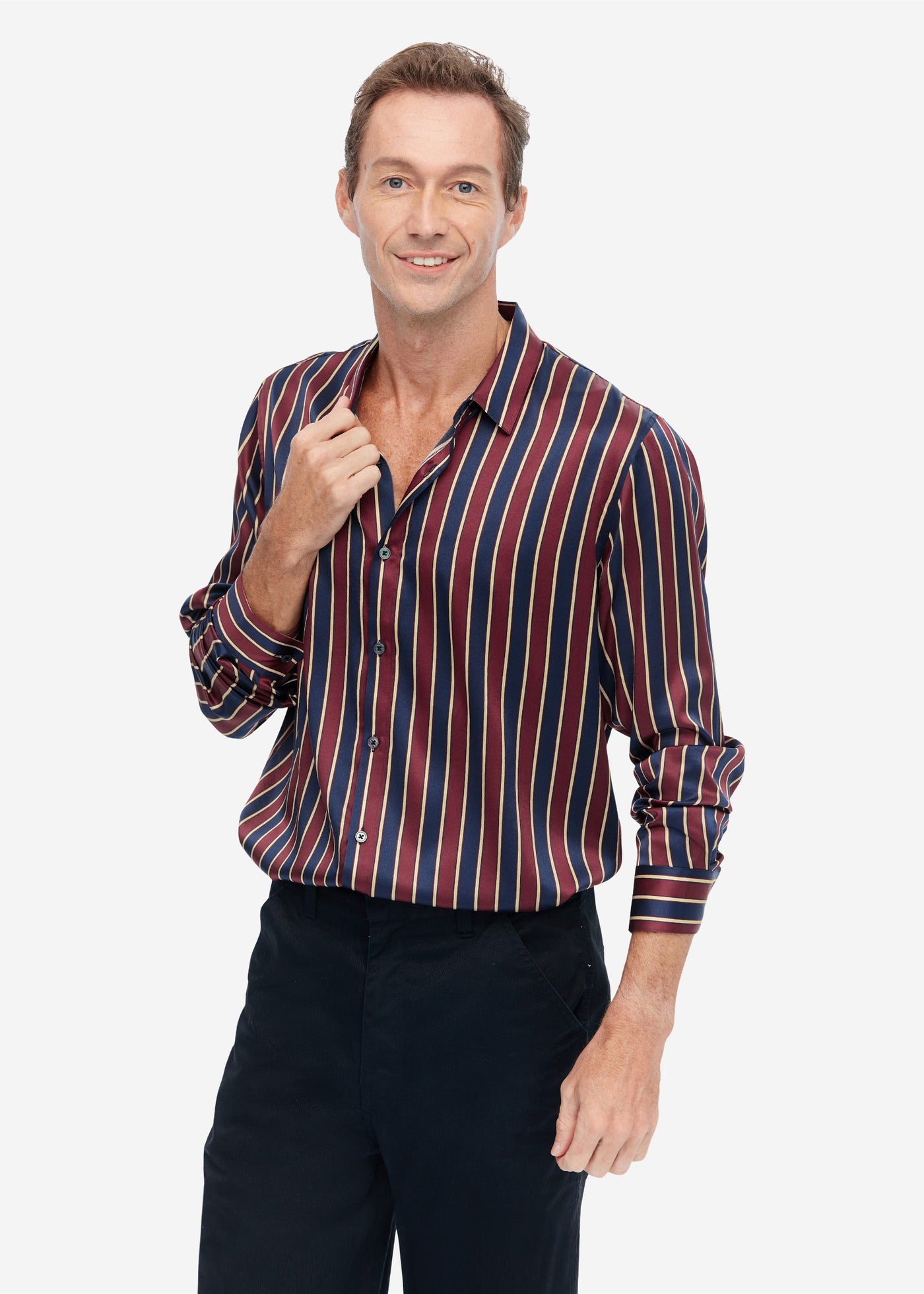 Long Sleeve Men's Silk Shirt With Stripe Red And Blue Stripes LILYSILK Factory