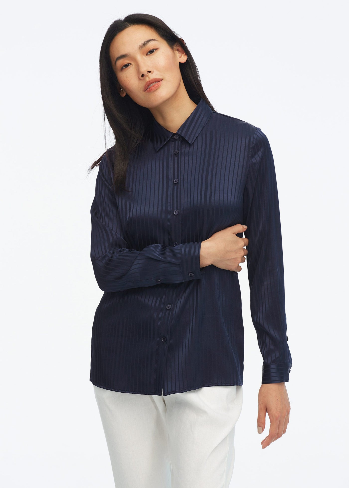 Pinstripe Easy Care Silk Shirt Navy Blue LILYSILK Factory