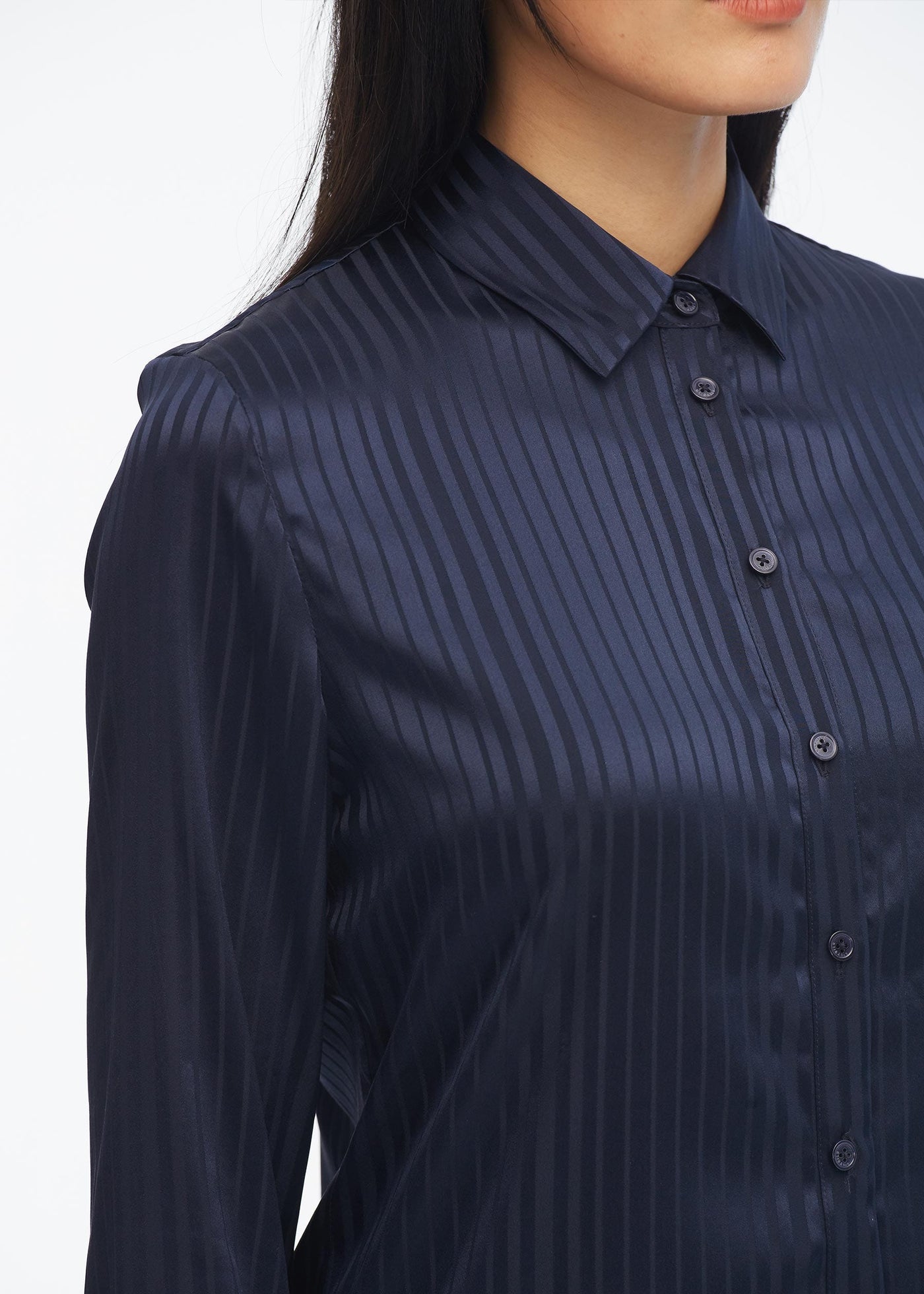 Pinstripe Easy Care Silk Shirt Navy Blue LILYSILK Factory