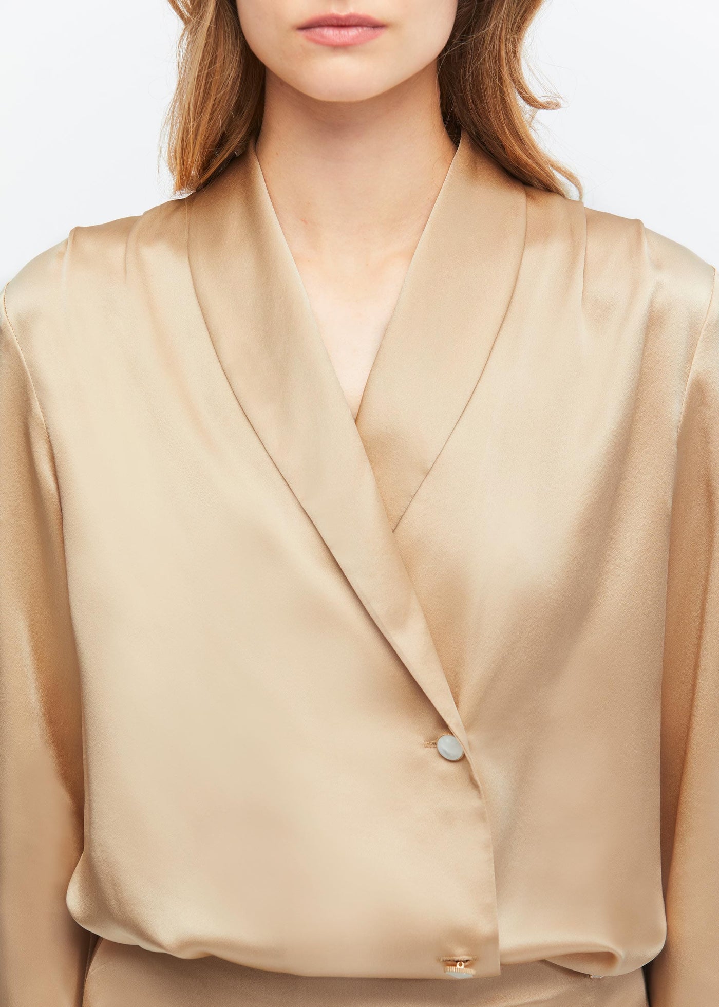 Retro Exquisite Silk Shawl Collar Shirt Light Camel LILYSILK Factory