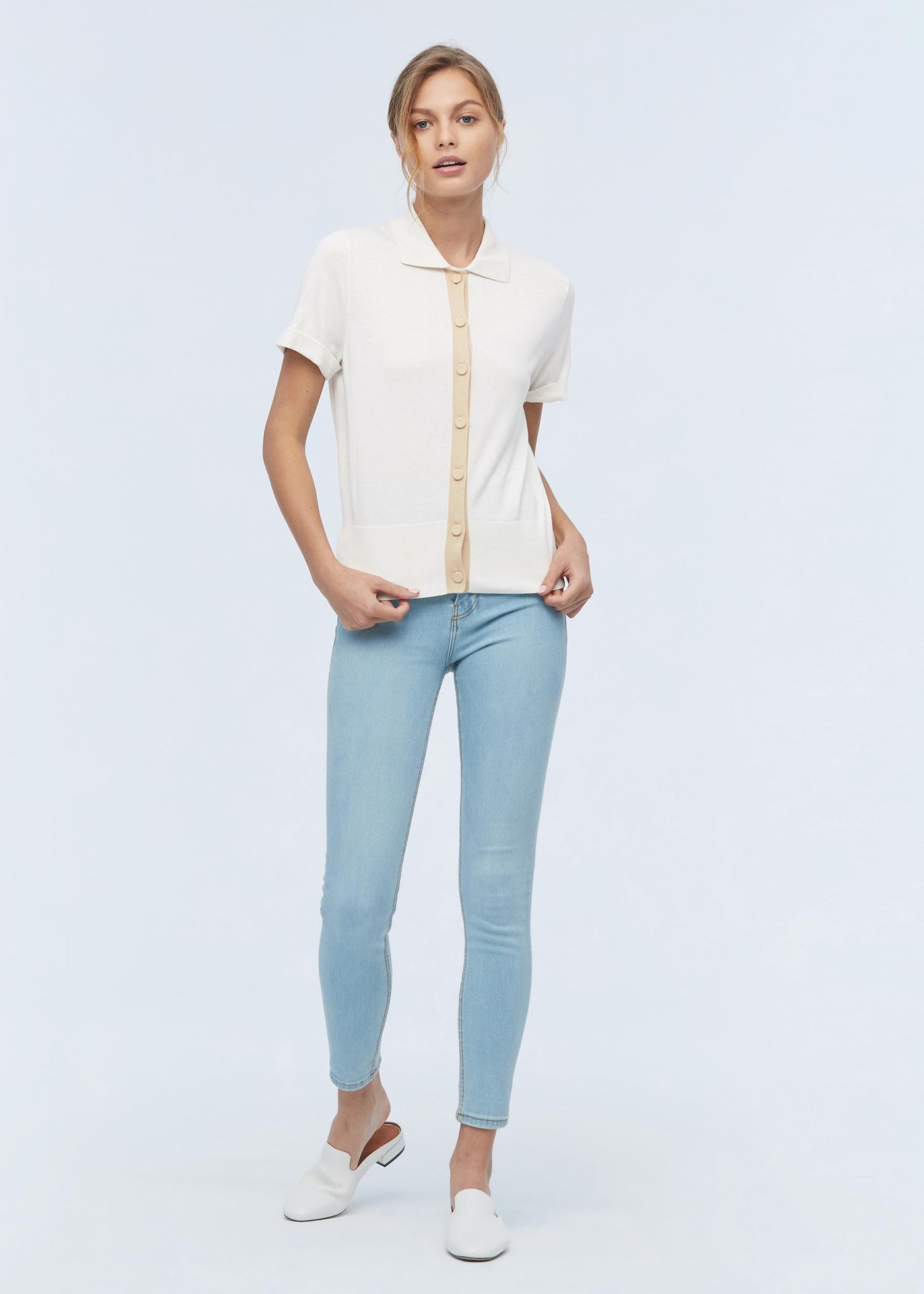 Shirt Collar Silk Knitted T shirt For Women Natural White LILYSILK Factory