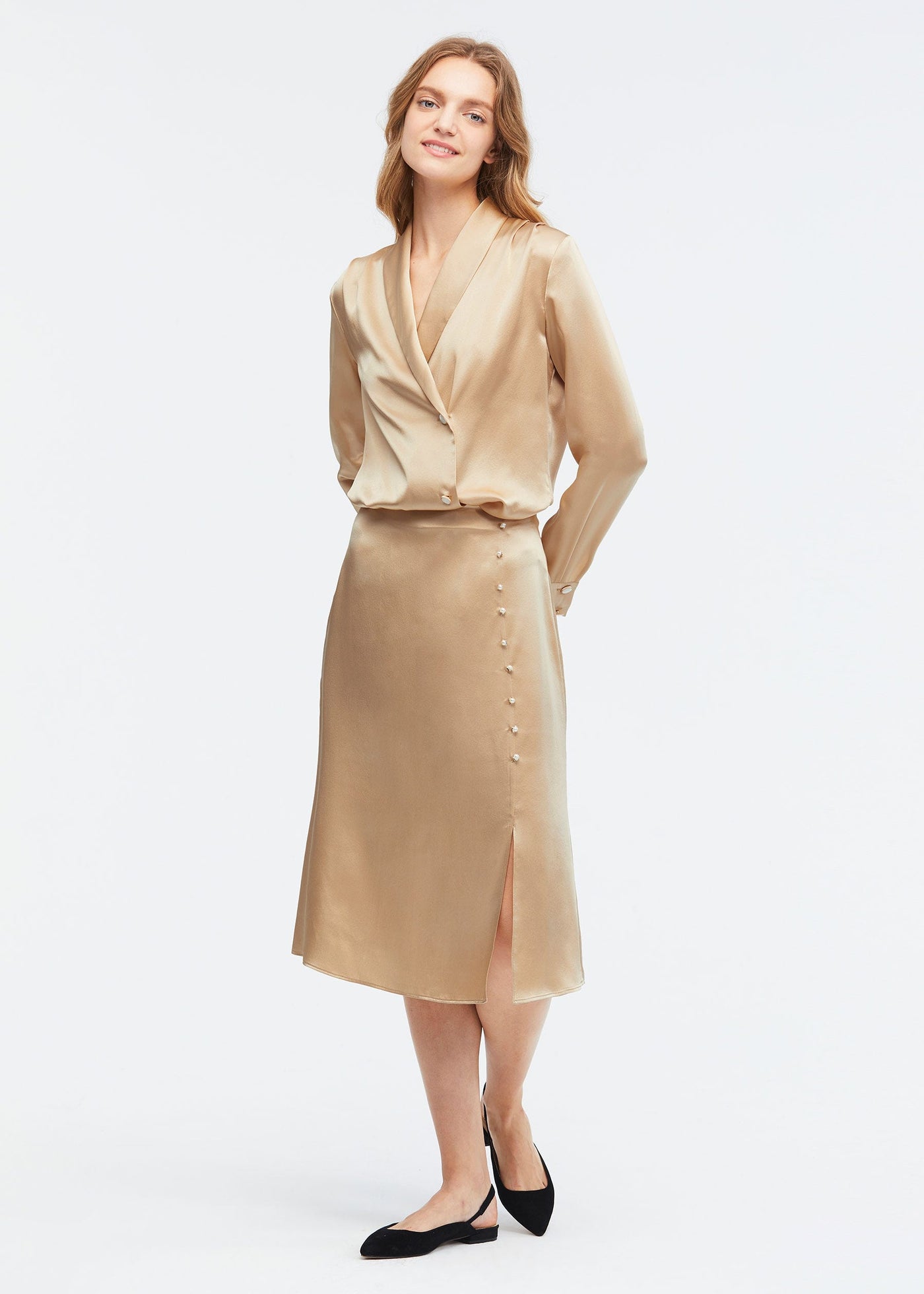 Stylish Fold Over Silk Maxi Skirt Light Camel LILYSILK Factory