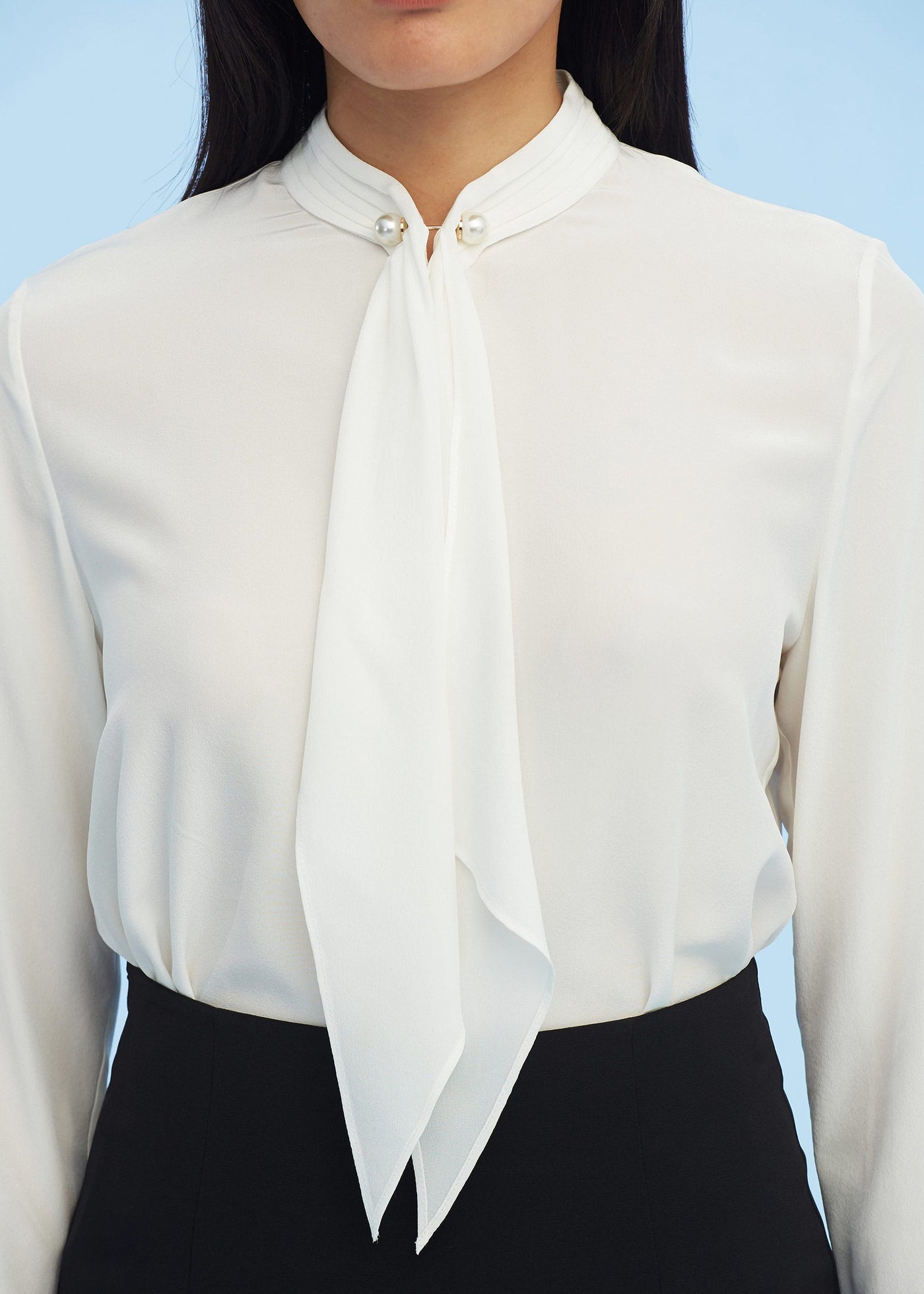 Tie Collar With Pearl Silk Shirt Natural White LILYSILK Factory
