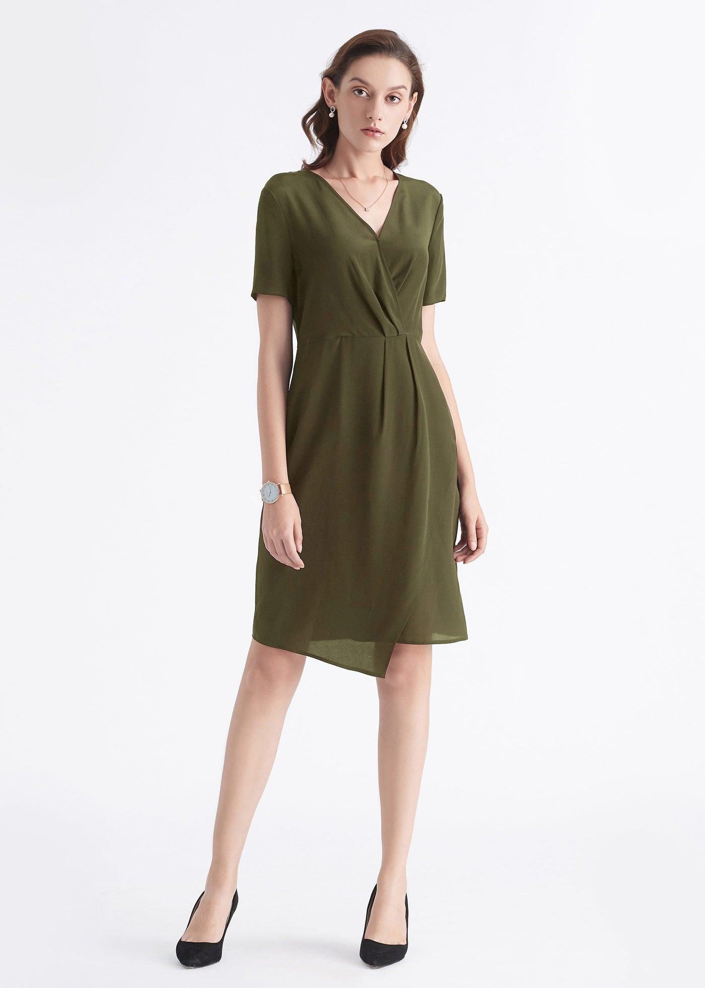 Twist Front Silk Dress for Work Olive Green LILYSILK Factory