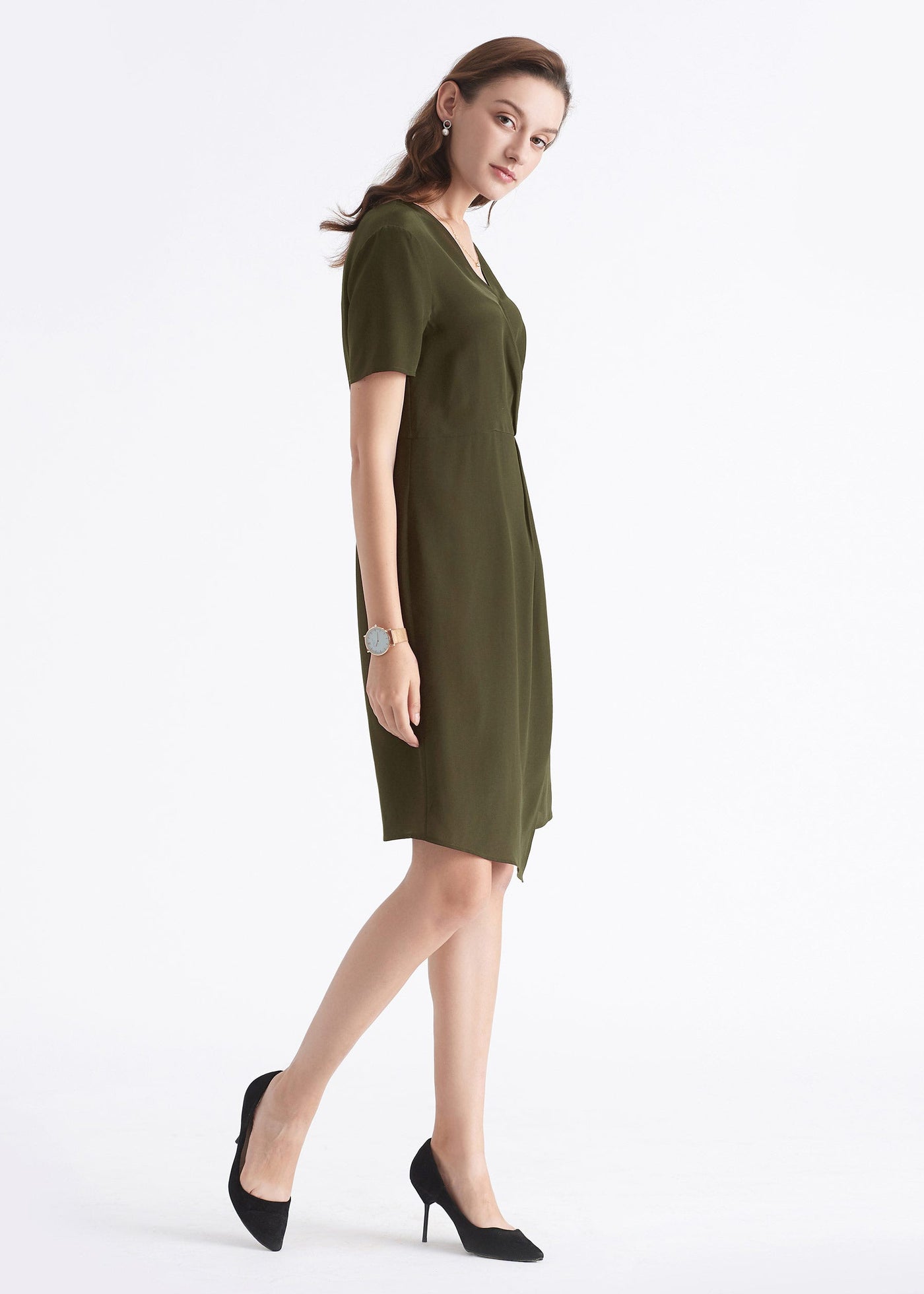 Twist Front Silk Dress for Work Olive Green LILYSILK Factory